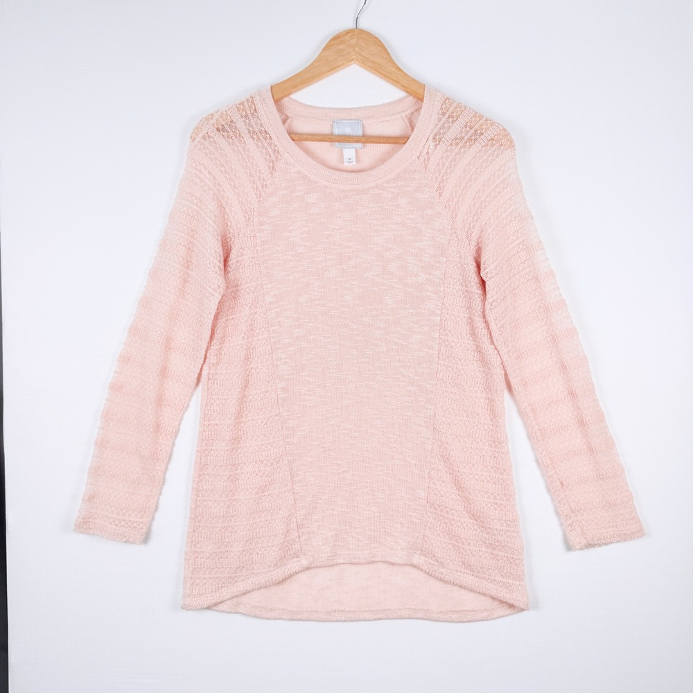 Womens Peach Pink Open Knit‎ Crochet Sleeve Sweater Top Size M Long Sleeve Boho